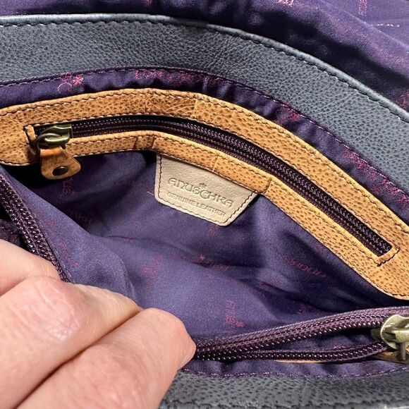 Anuschka Purple Black Floral Hand Painted Leather Crossbody Bag + Card Holder - Picture 15 of 15